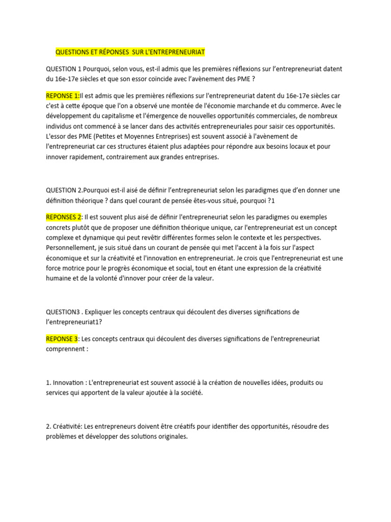 Questionnaires Et Réponses | PDF | Entrepreneuriat | Business