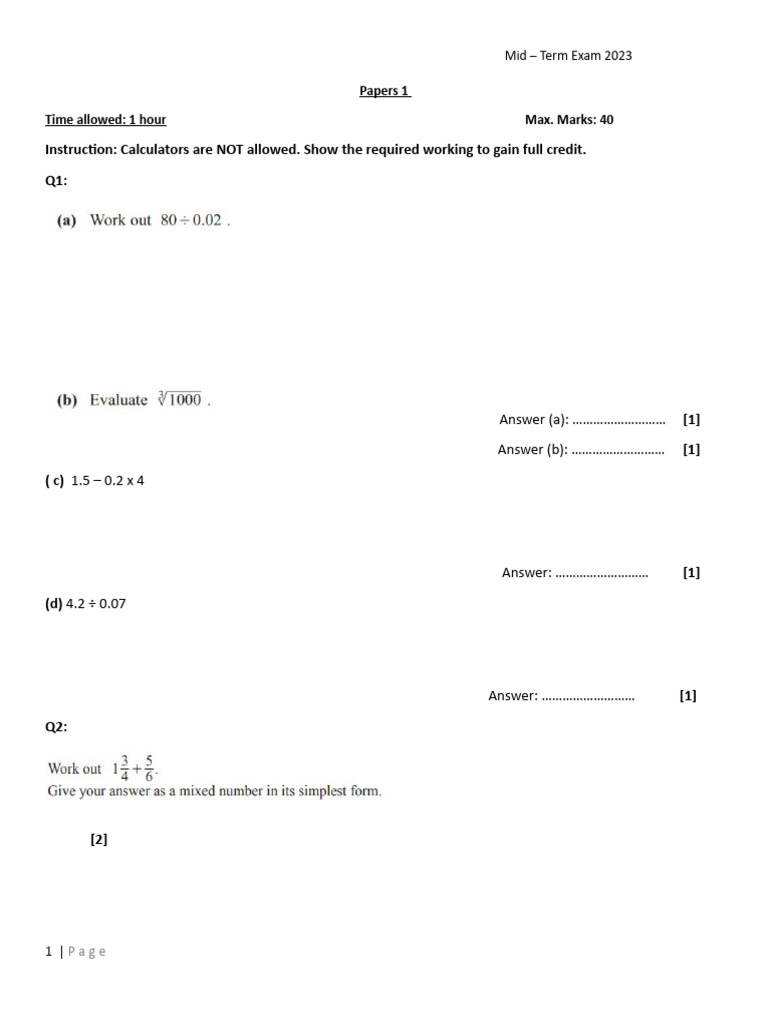 Mid-Term Math Exam Paper 2023 | PDF | Arithmetic | Elementary Mathematics