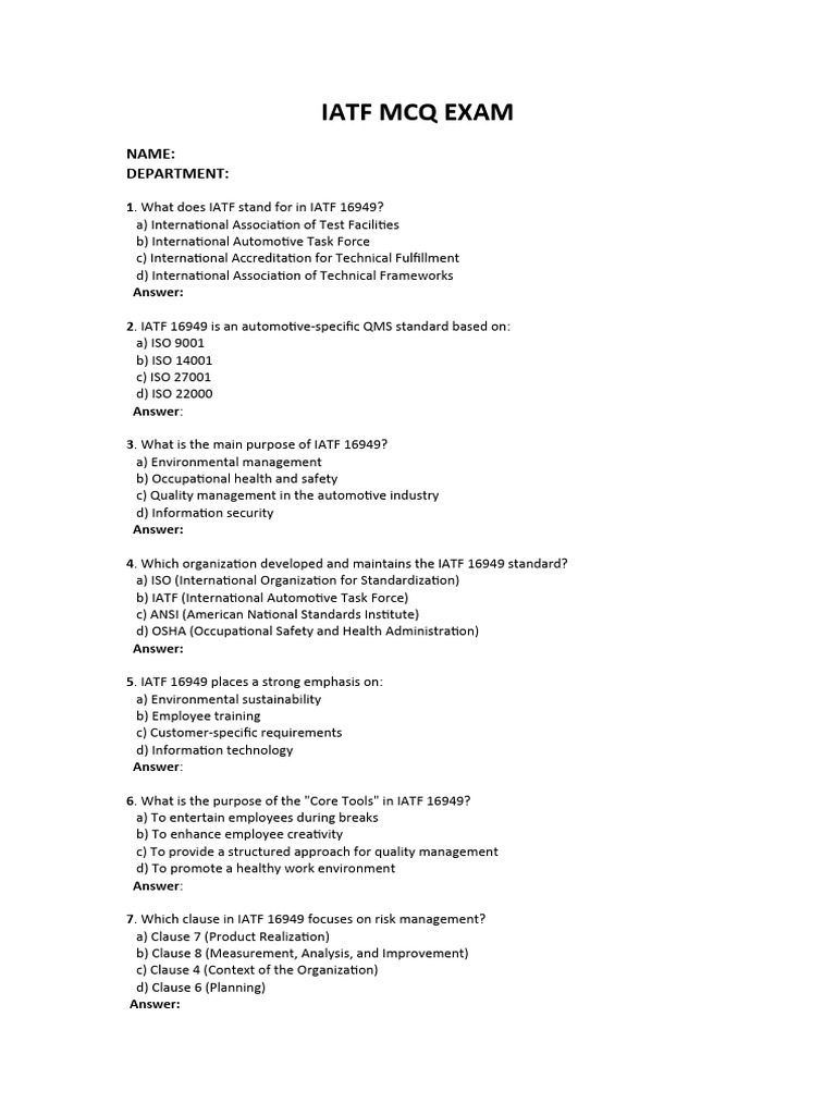 Iatf MCQ Exam. PDF Quality Management Occupational Safety And Health