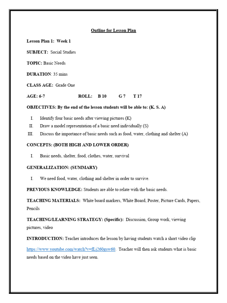 Grade One Social Studies Lesson Plan | PDF
