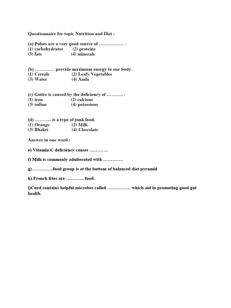 Nutrition and Diet Questionnaire | PDF