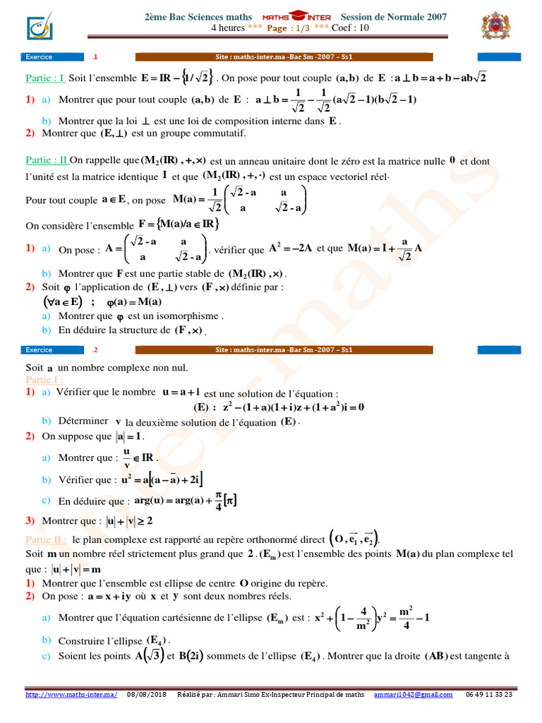 Bac 2007 Maths - Examen National SM | PDF | Matrice (Mathématiques ...