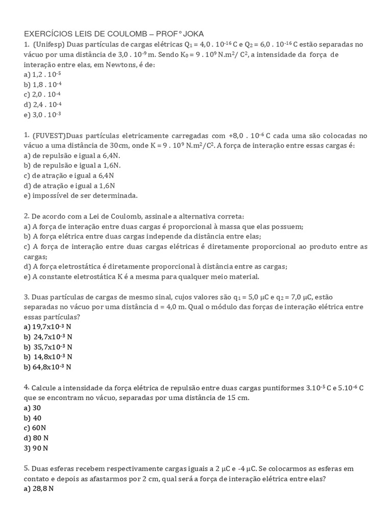 Questões de Lei de Coulomb | PDF | Carga elétrica | Quantidades físicas