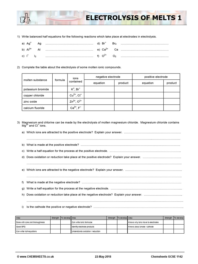 Electrolysis Half Equations Worksheet | PDF | Chlorine | Redox