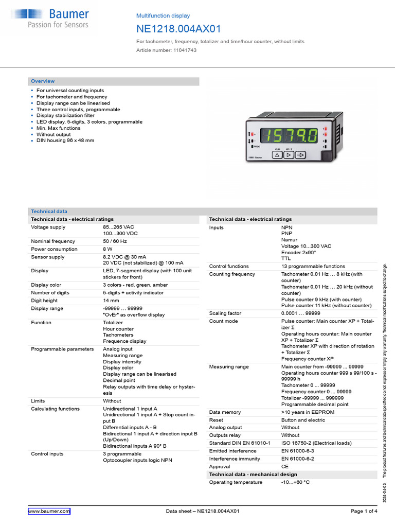 Baumer NE1218 Multifunction Display | PDF | Alternating Current | Hertz
