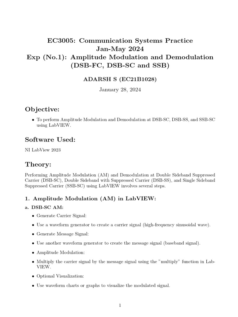 Lab 1 EC21B1028 ADARSH S | PDF | Modulation | Sound Production Technology