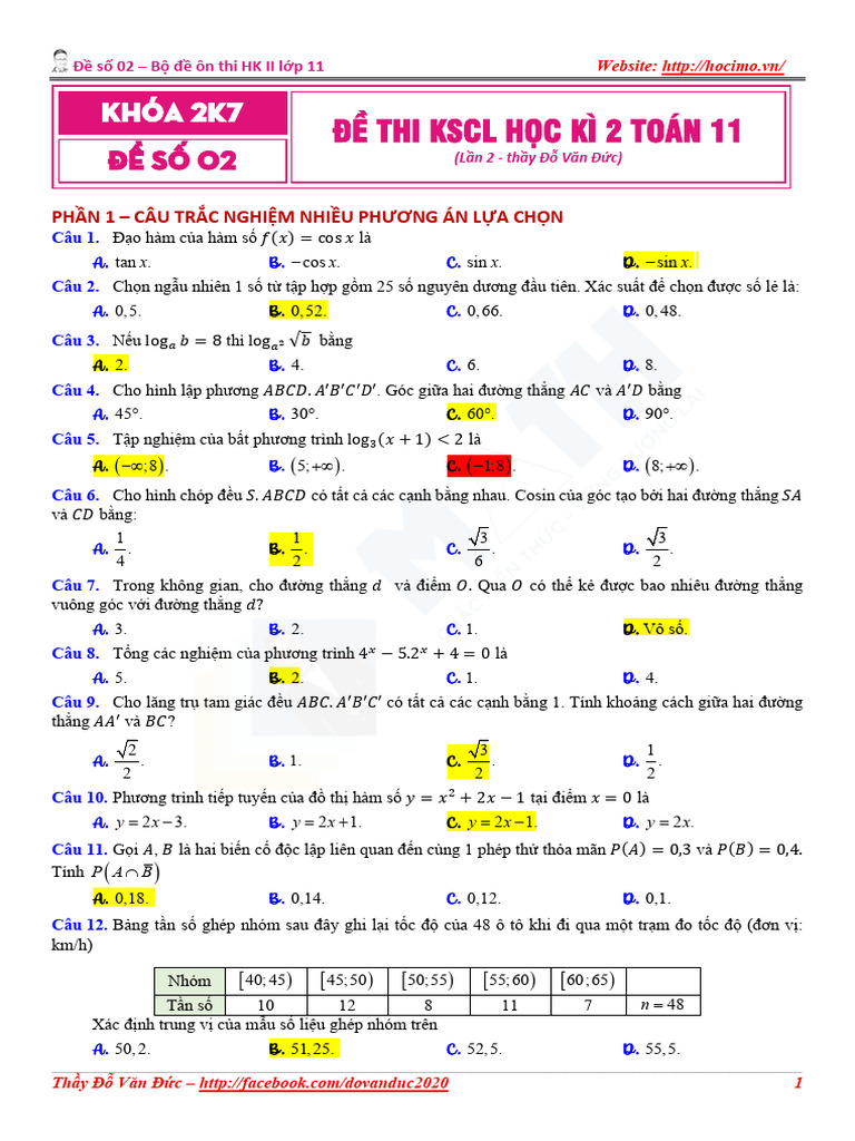 (ĐVĐ) - Đề Thi KSCL Học Kì 2 Toán 11 - Số 02 | PDF
