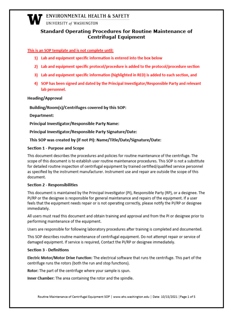 Centrifuge Daily Maintenance Log Sheet