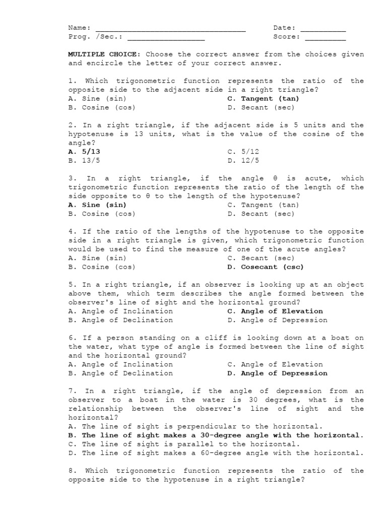 Pilot test mcq download free pdf trigonometric functions triangle