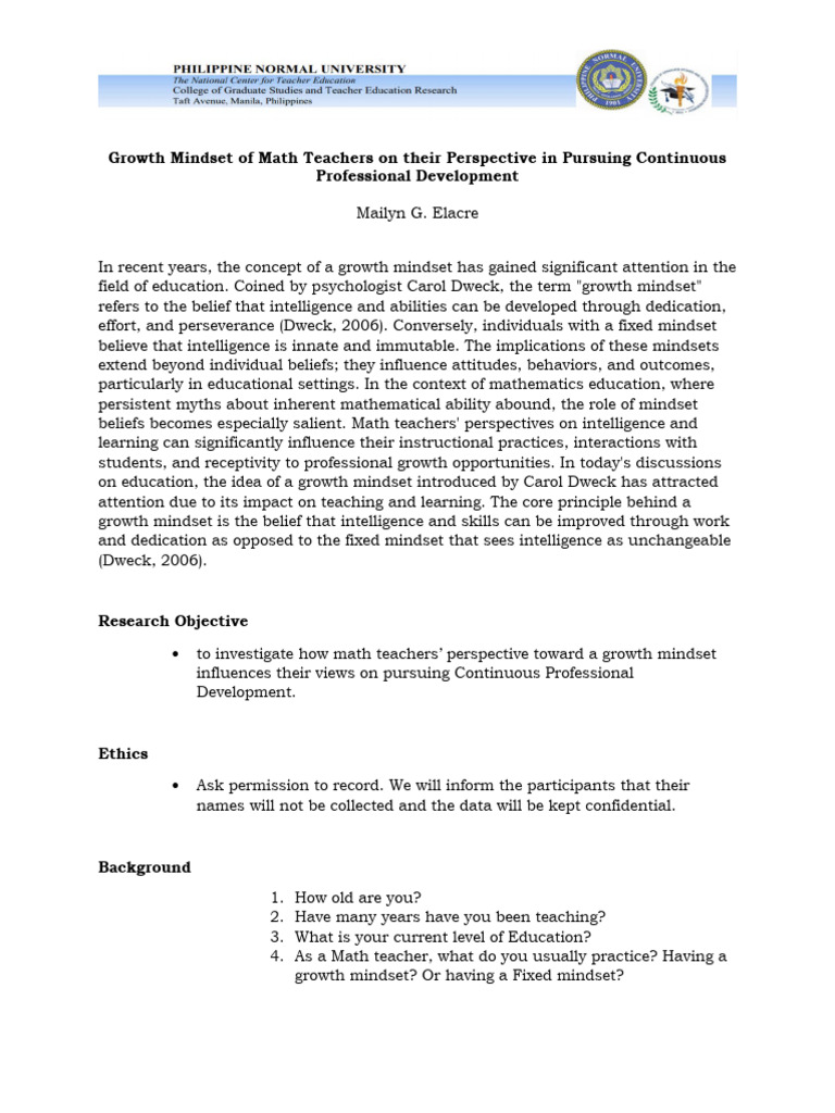 Research Instrument - Revised | PDF | Mindset | Teaching Mathematics