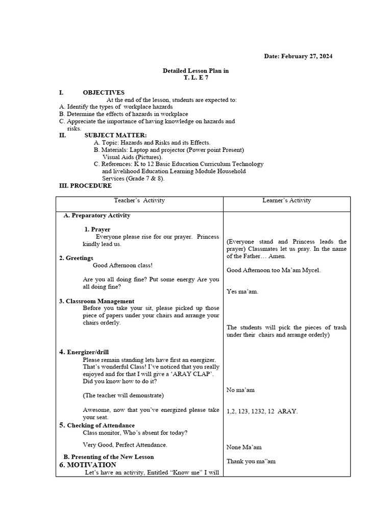 Detailed Lesson Plan in T.L.E Hazards 1st Lesson | PDF | Hazards ...
