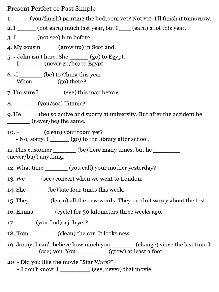 Present Perfect vs. Past Simple Exercises | PDF | Language Arts ...