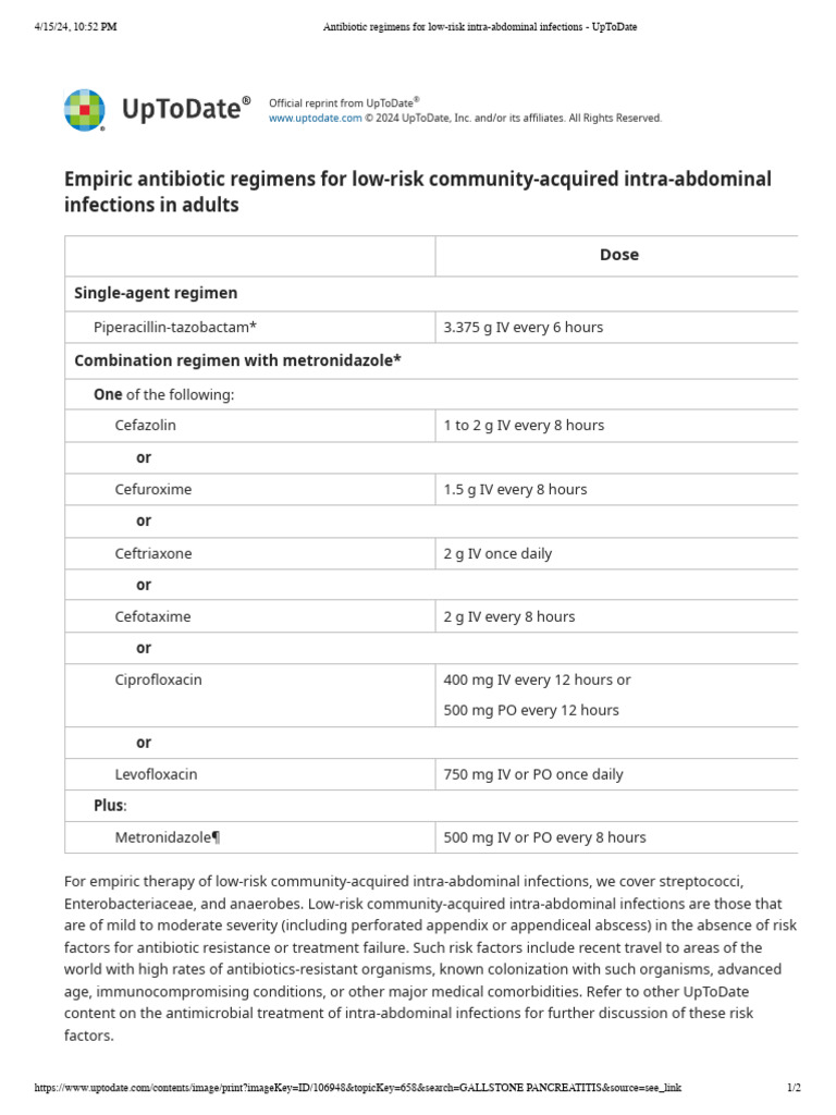 Antibiotic Regimens For Low-Risk Intra-Abdominal Infections - UpToDate ...