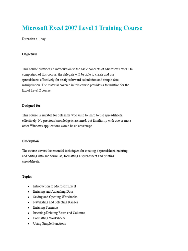 Excel course outline 2007 pdf microsoft excel spreadsheet