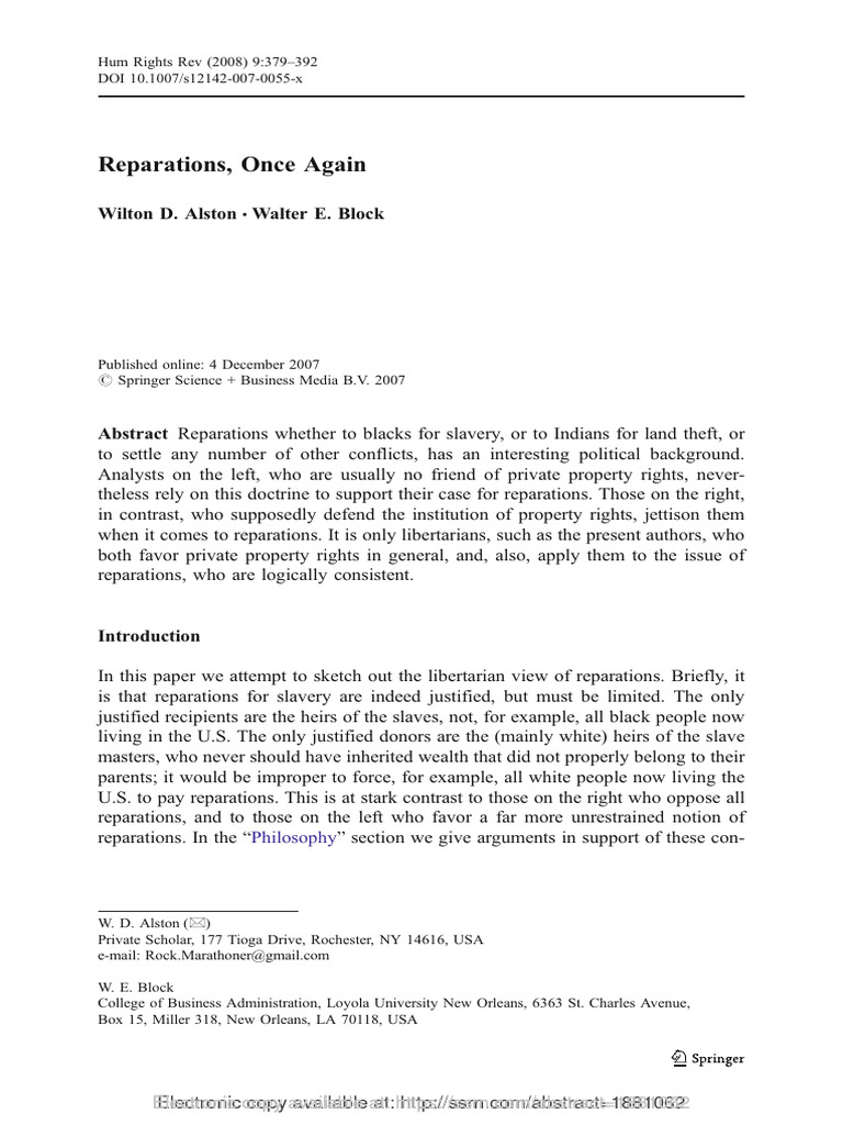 Libertarian Perspectives on Reparations | PDF | Slavery | Property