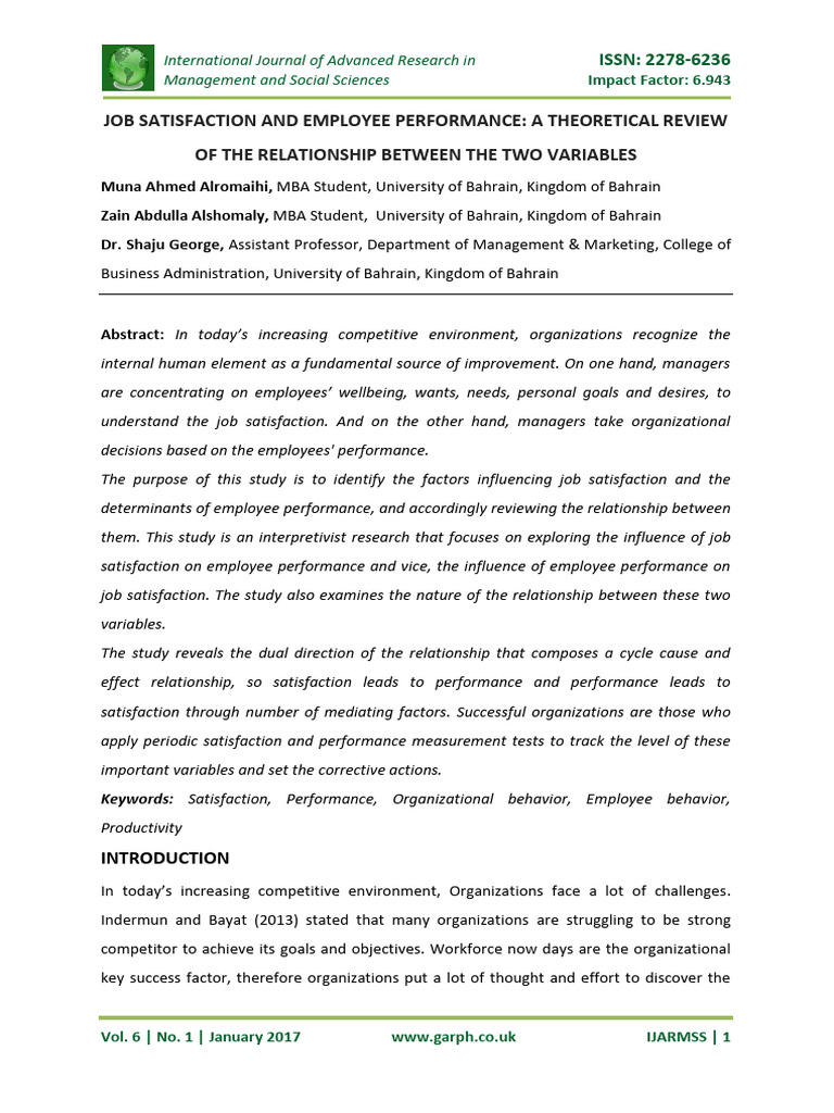 Job Satisfaction and Employee Performanc | PDF | Job Satisfaction ...