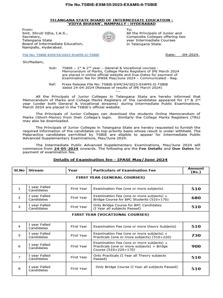 Lr to all prls of jcs reg exam fee details with due dates for ase