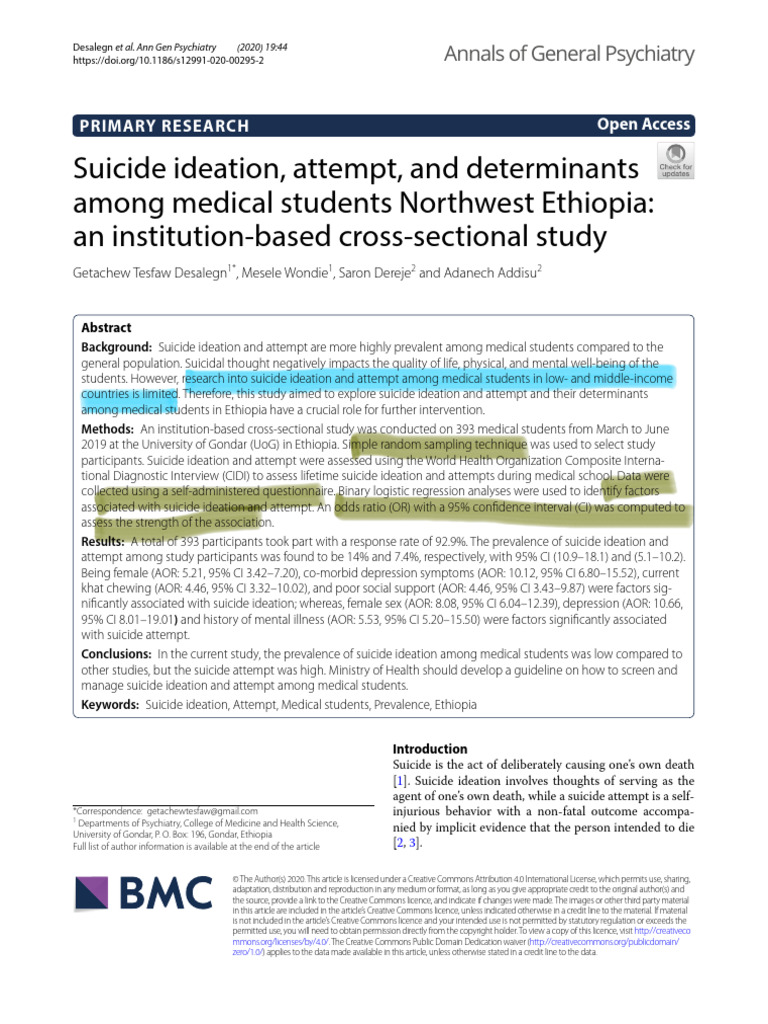 Suicide Ideation, Attempt, and Determinants Among Medical Students ...