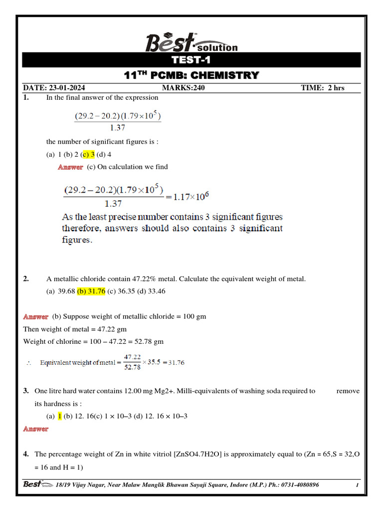 Answer key test 1 24 01 2023 11th pcmb chemistry full syllabus mock