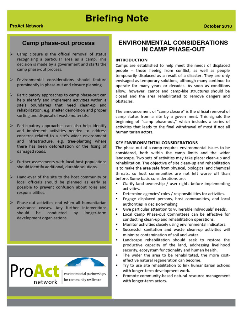 Factsheet Environmental Considerations Camp Closure 2010 Proact | PDF ...