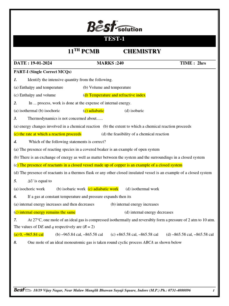 Answer key test 1 paper 1 11th pcmb chemistry 19 01 2024 download
