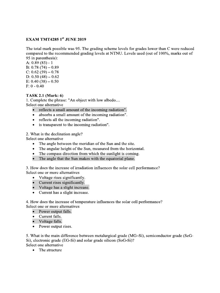 2019 Solar Cell Exam | PDF