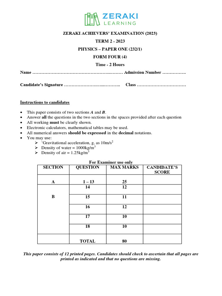 Physics Paper 1 Question Paper Pdf Gases Pressure