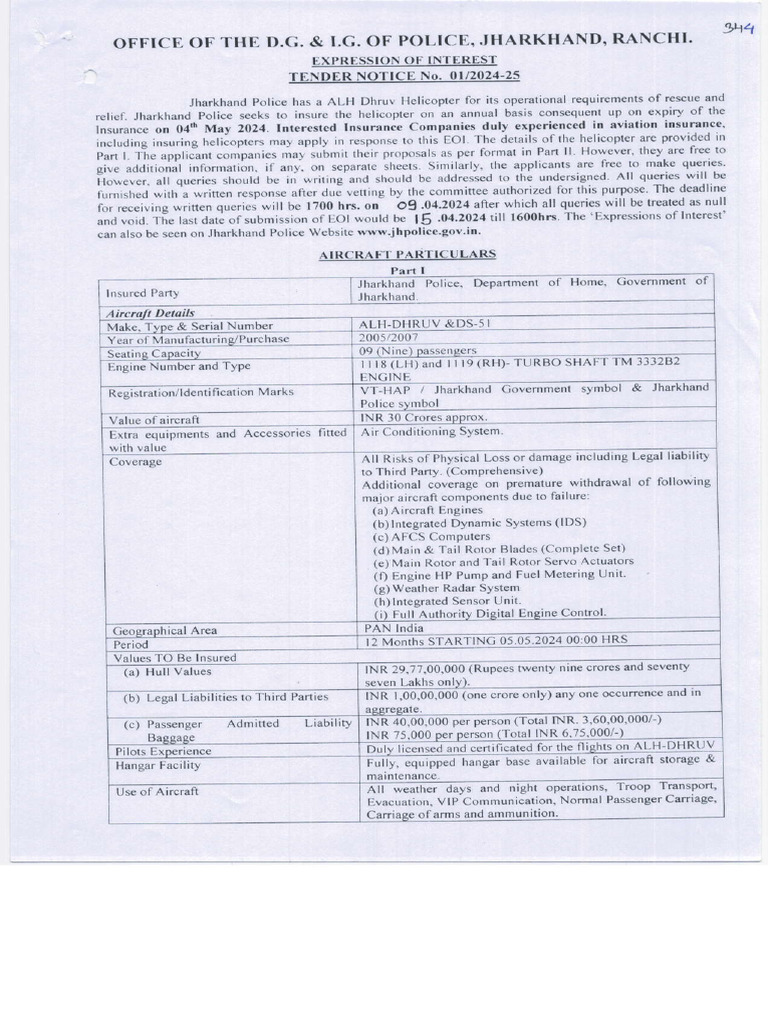Jharkhand Police Helicopter Insurance Tender | PDF | Insurance ...