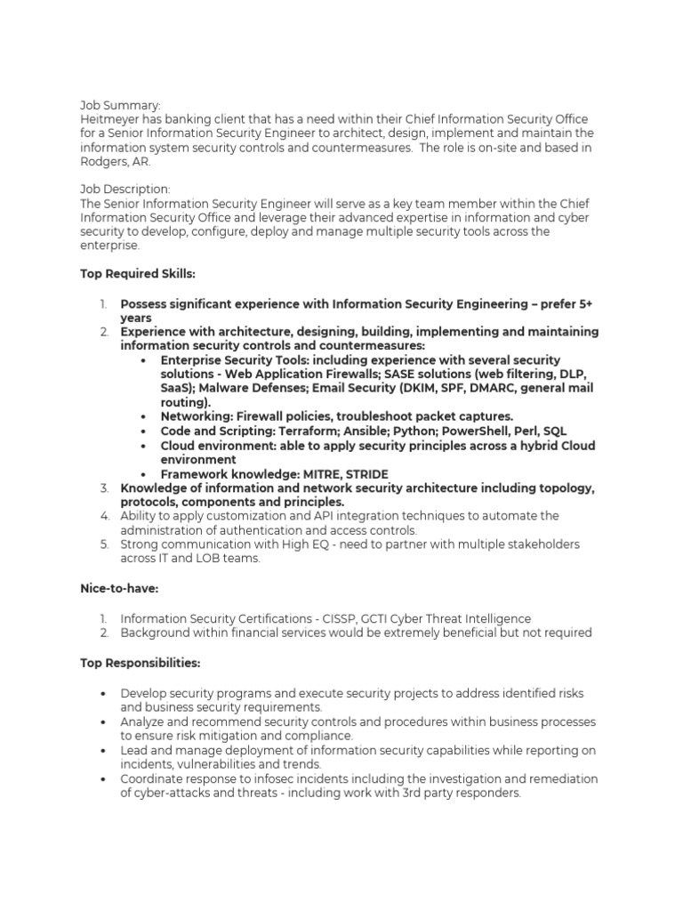 Senior Information Security Engineer Role | PDF | Security | Computer ...