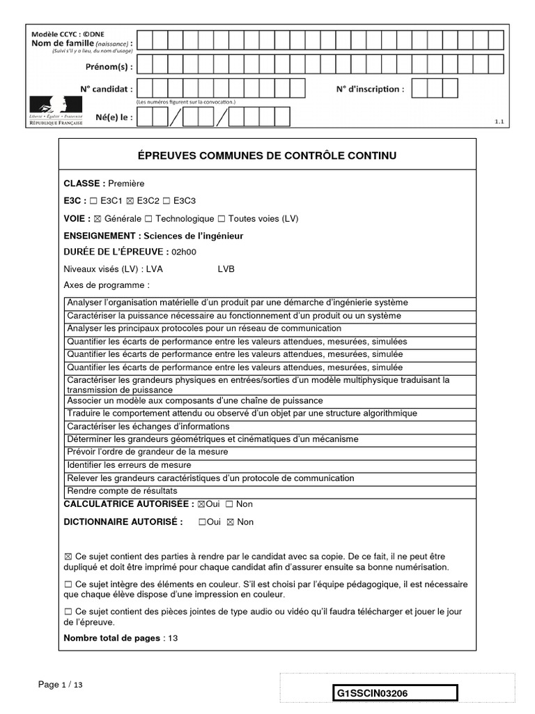 Épreuves E3C en Sciences de l'Ingénieur | PDF | Télescope | Bluetooth