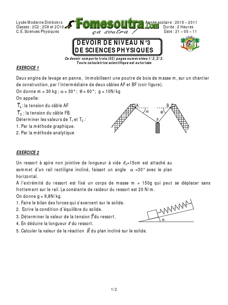 Devoir de niveau en sciences physiques | PDF | Quantité | Physique