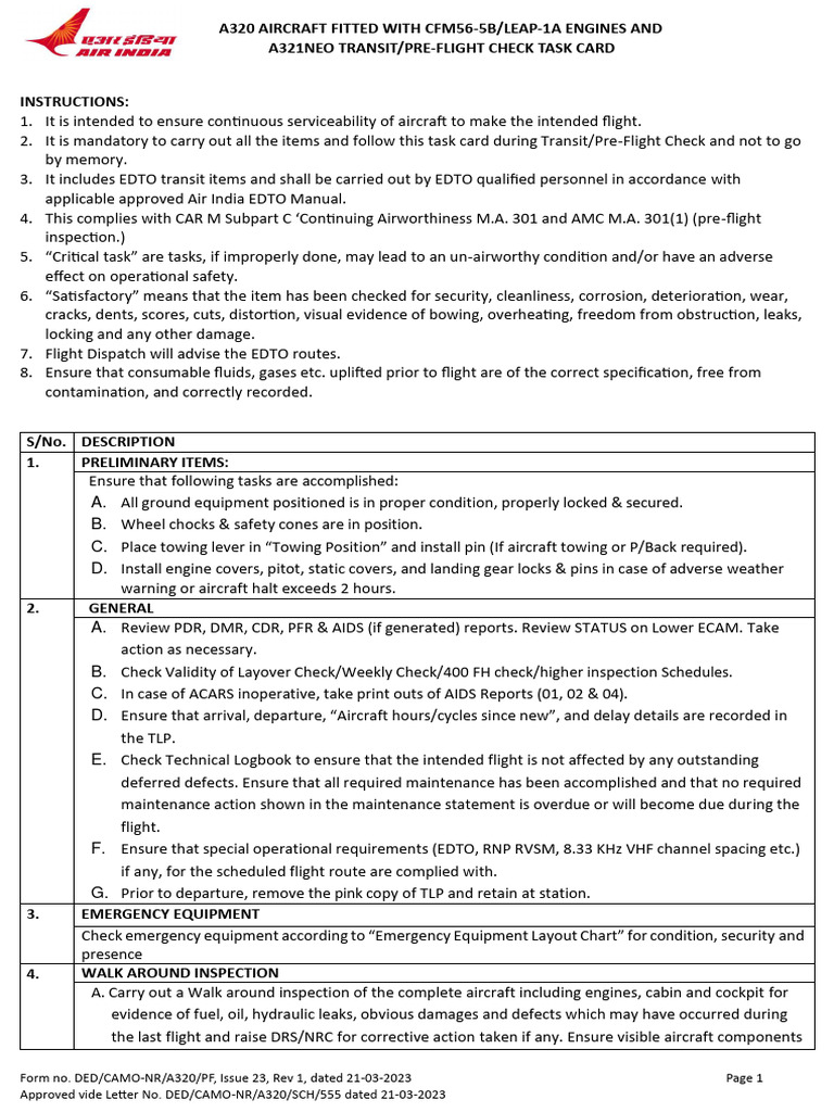 A321NEO Pre-Flight Check Task Card | PDF | Landing Gear | Valve