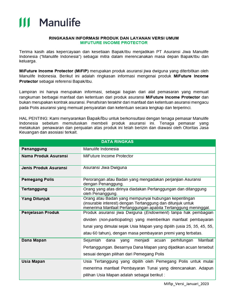 Ringkasan MiFuture Income Protector | PDF | Bisnis
