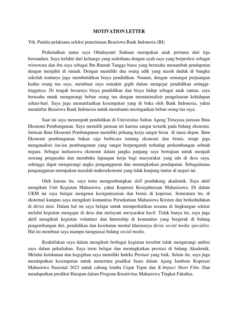 Olindayanti Siahaan-Motivation Letter Beasiswa BI | PDF