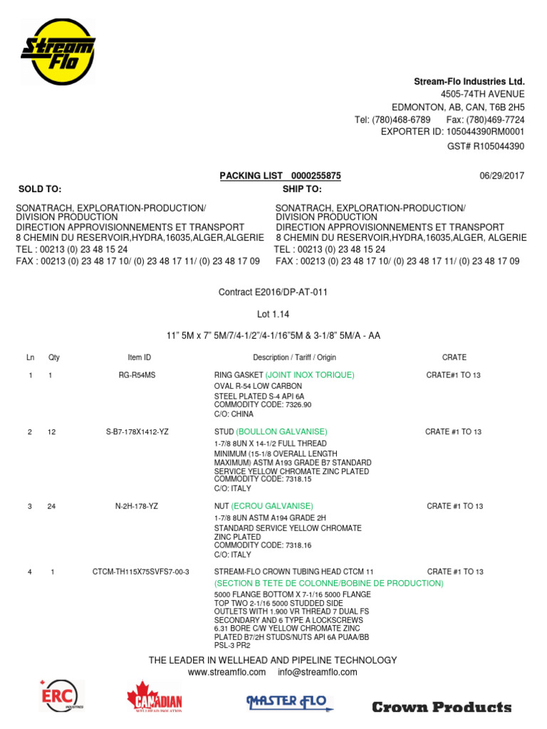 Packing List Lot 1.14 | PDF | Plumbing