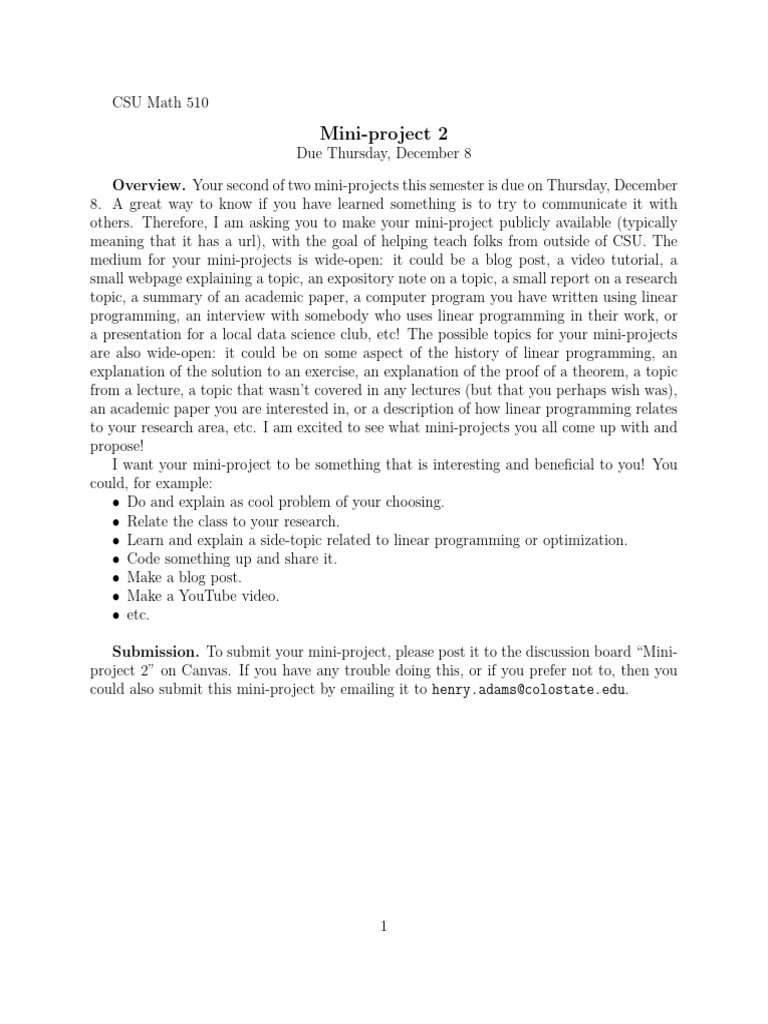 CSU Math 510 Mini-Project Guidelines | PDF | Linear Programming ...