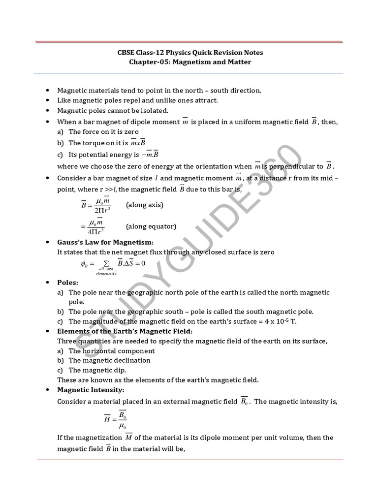 12 Physics Notes ch05 Magnetism and Matter Unlocked | PDF | Magnetic ...