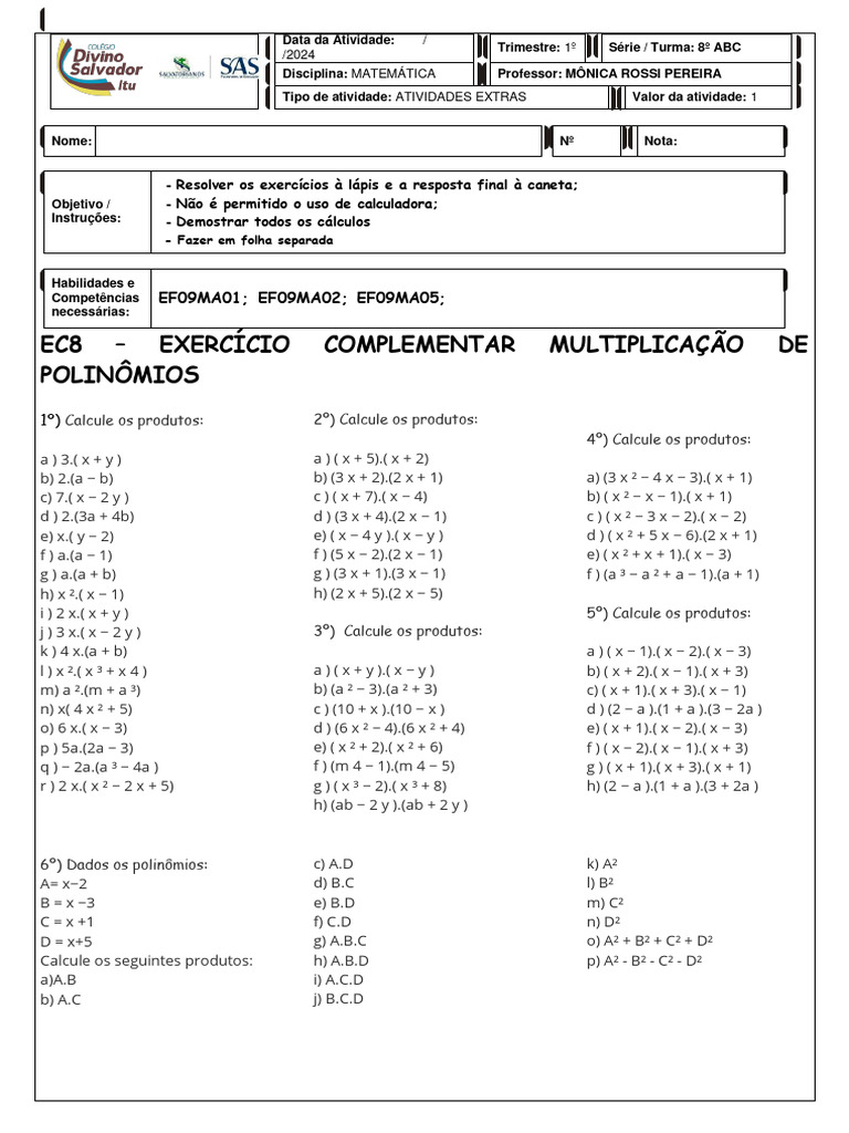 Exercícios de Multiplicação de Polinômios | PDF | Matemática