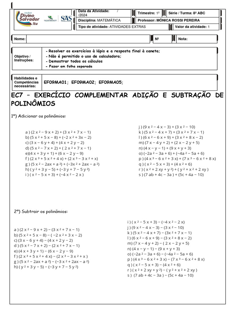 Exercícios de Polinômios 8º Ano | PDF
