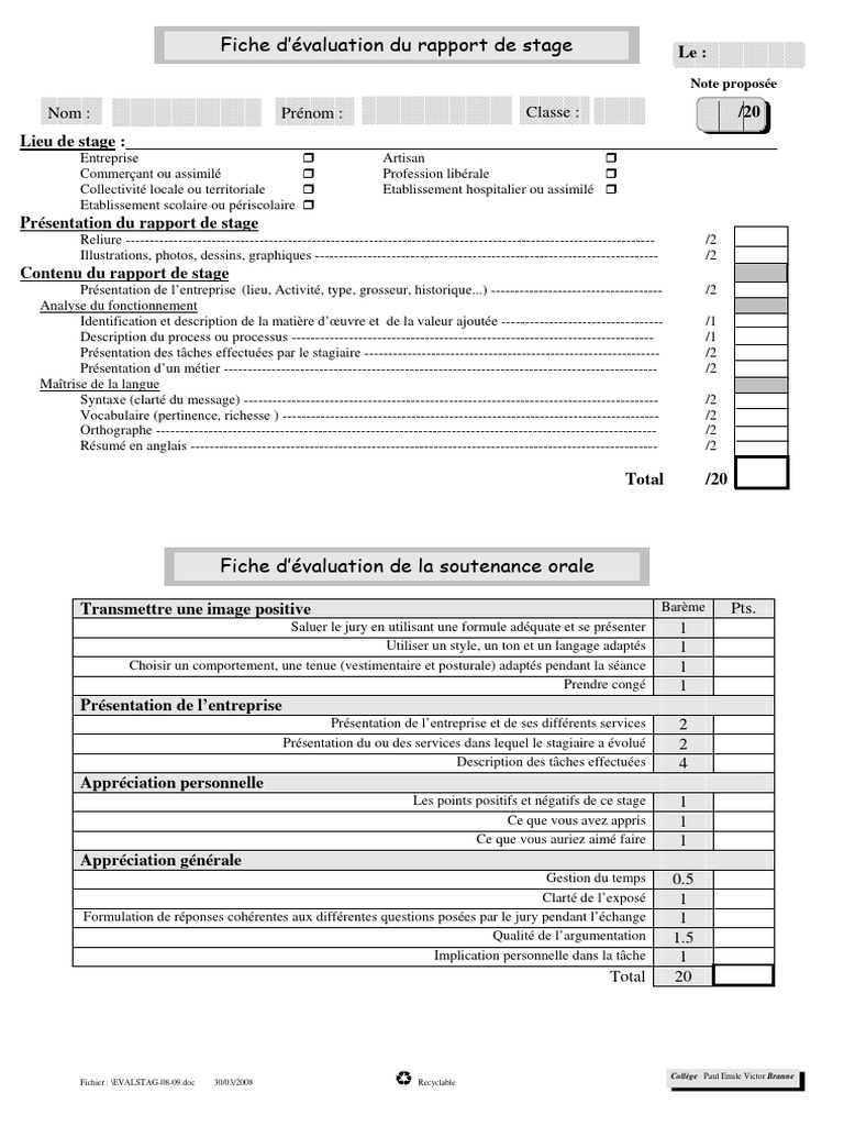 Fiche d'évaluation de stage et rapport | PDF