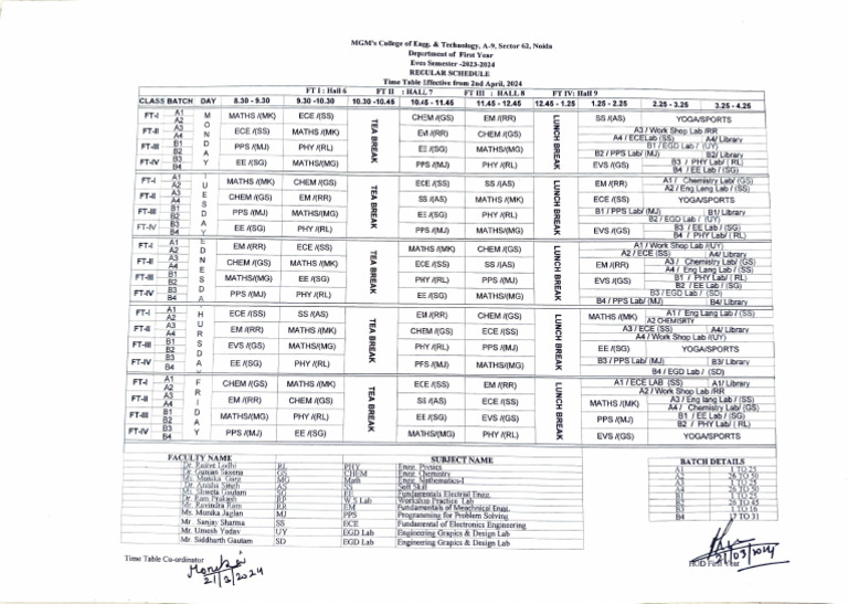 Engineering College Timetable 2024 | PDF