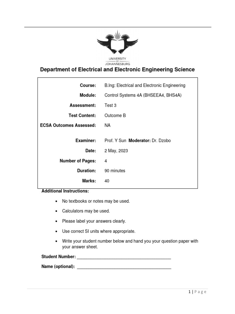 Test 3 Memo 2023 Pdf Control Theory Electrical Engineering