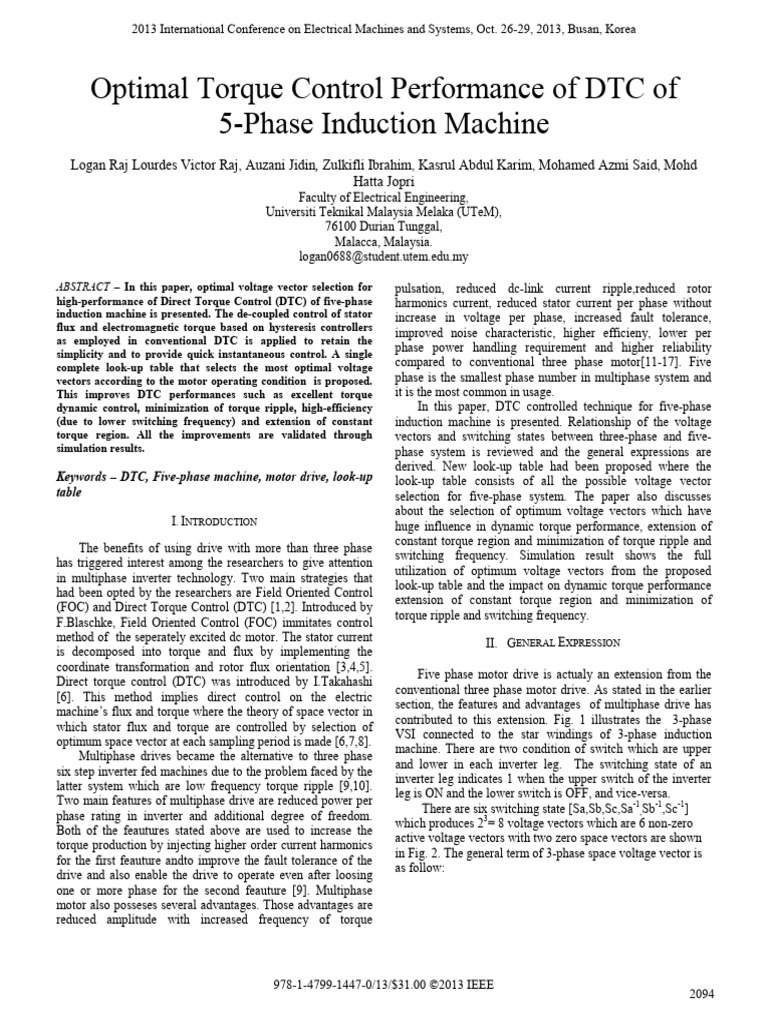 Optimal Torque Control Performance of DTC of 5-Phase Induction Machine ...
