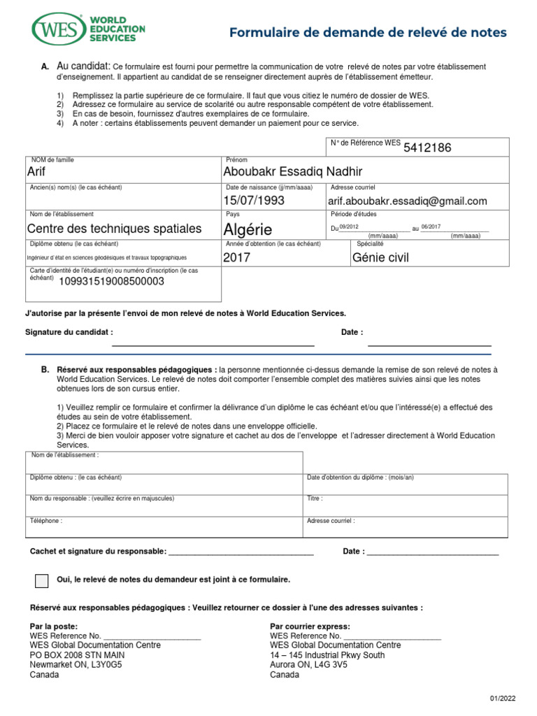 Formulaire de demande de relevé de notes WES | PDF
