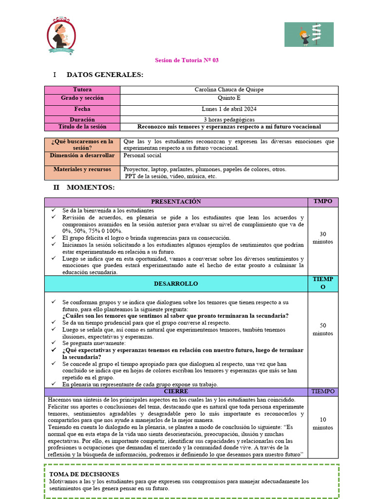 Sesión Tutoria Otirntacion Vocacional | PDF | Crecimiento personal y ...