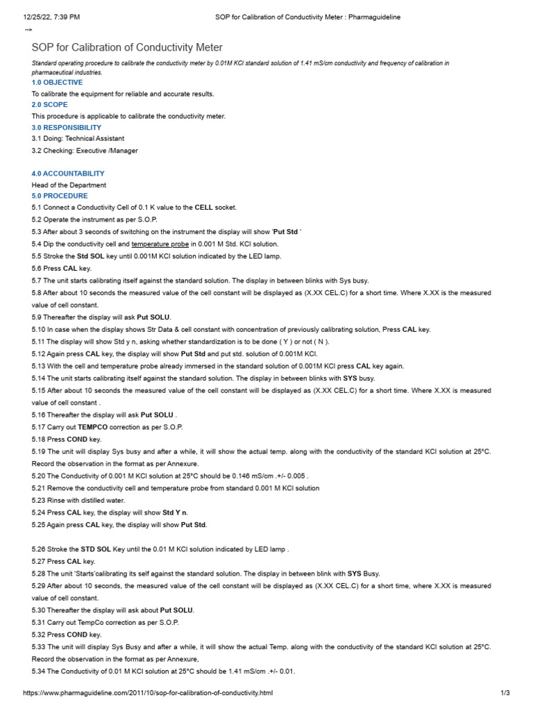 SOP For Calibration of Conductivity Meter | PDF | Calibration | Electricity