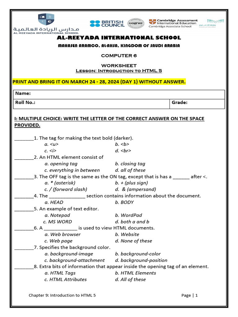 Grade 7 worksheet introduction to html5 pdf html element html