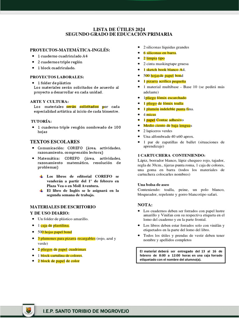 Lista de Útiles 2024 - 2do Grado Primaria | PDF | Papelería