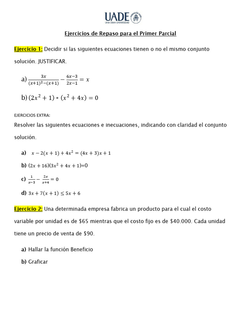 Ejercicios de Matemáticas para Primer Parcial | PDF | Ecuaciones ...