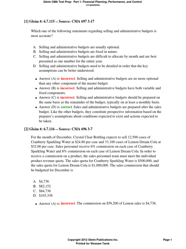 Gleim 6 7 115 source cma 697 3 17 incorrect incorrect incorrect